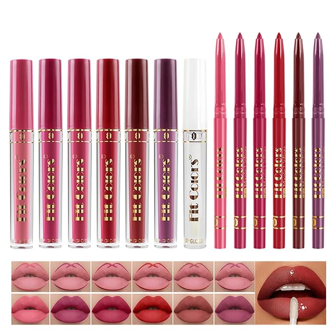 BONNIE CHOICE 13Pcs Matte Liquid Lipstick + Lip Liner Pens Set, 6 Matte Lipstick+6 Matching Smooth Lipliner+ 1Pcs Lip Plumper Makeup Set Kit, Waterproof Long Lasting 24 Hour Lip Makeup Gifts for Women
