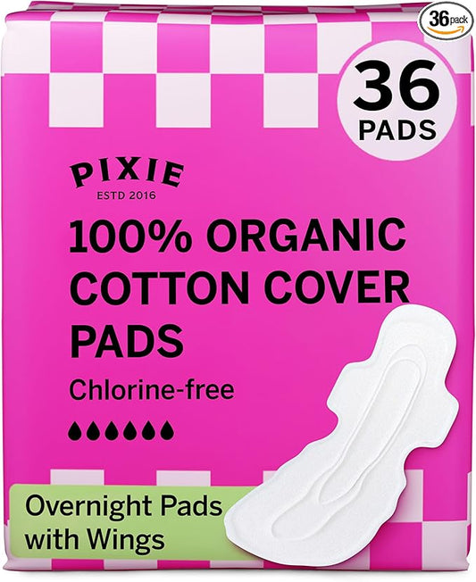 Pixie Organic Cotton Overnight Pads for Women - Extra Heavy Absorbency with Wings - Leak-Proof, Hypoallergenic & Unscented - Compostable, Biodegradable - 36 Count
