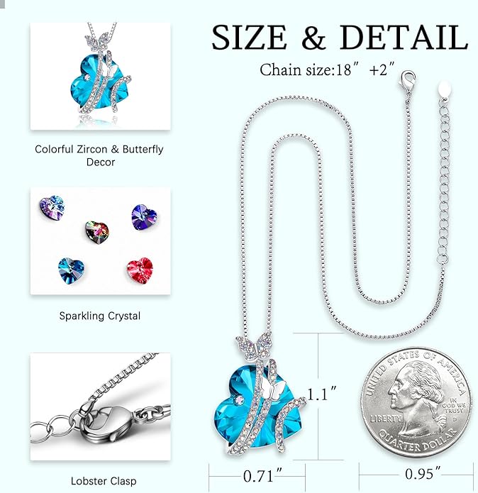 ASELFAD Butterfly Love Heart Pendant Necklace with Crystals, Anniversary Birthday Jewelry for Women Mom Grandma Wife Girlfriend