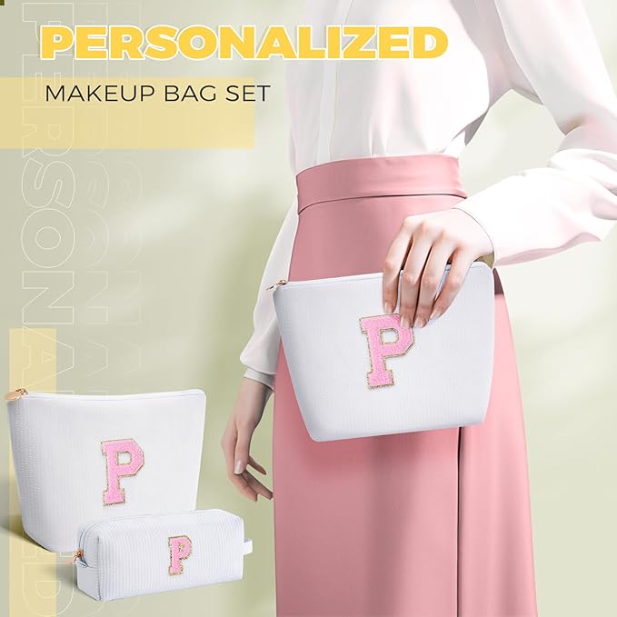 Personalized Makeup Bag for Women Girls - Fashion Cosmetic Bag Trendy Travel Toiletry Bag with Initials Letter - Teen Gifts - White,P