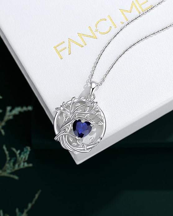 FANCIME Tree of life Birthstone necklace Sterling Silver Pendant Birthstone Necklace Gemstone Anniversary Birthday Jewelry Christmas Gifts for Mom Her Wife