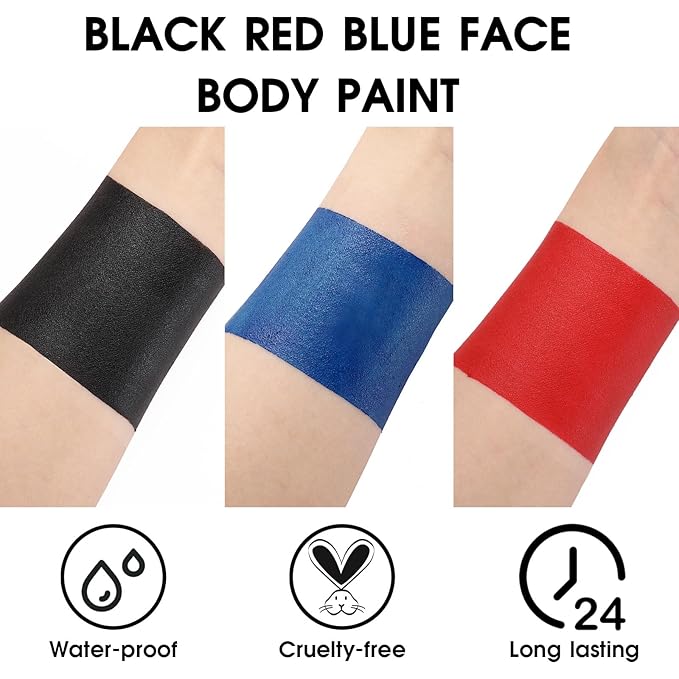 BADCOLOR 3PCS Red Black Royal Blue Face Body Paint Stick Makeup for Skull Vampire Clown Joker SFX Cosplay & Dress Up, Full-Coverage Halloween Facepaint Makeup Kit