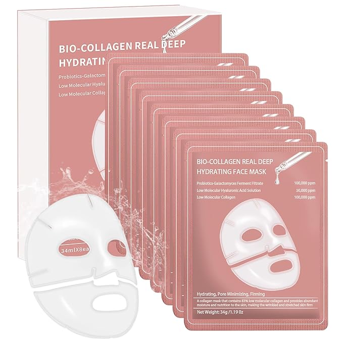 8 Pcs Collagen Real Deep Mask, Collagen Face Mask Overnight, Deep Hydrating, Anti Wrinkle Firming Lifting, Pore Minimizing, Elasticity Improvement, for All Skin Types, Gifts for Women