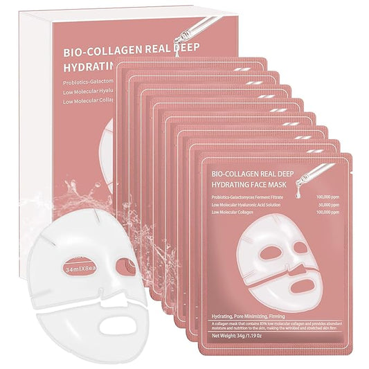 8 Pcs Collagen Real Deep Mask, Collagen Face Mask Overnight, Deep Hydrating, Anti Wrinkle Firming Lifting, Pore Minimizing, Elasticity Improvement, for All Skin Types, Gifts for Women