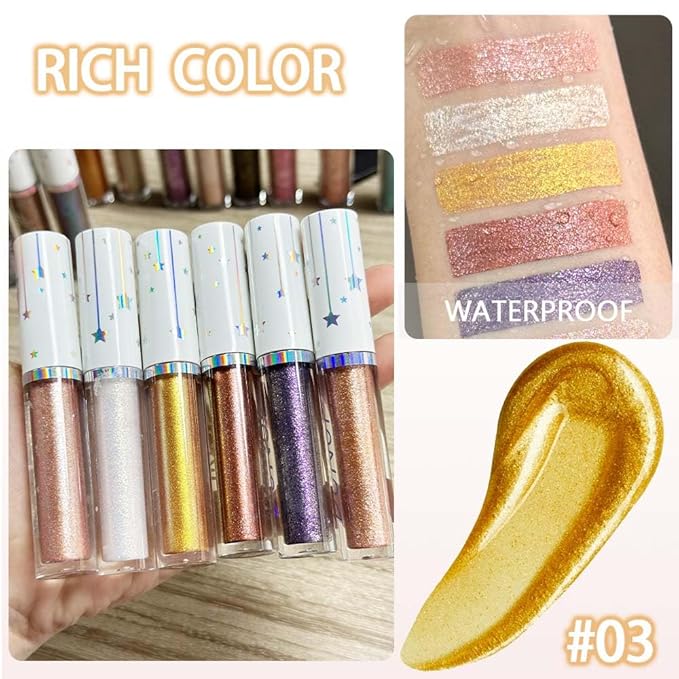 evpct Liquid Shimmery Glitter Eyeshadow Eyeliner, High Pigment Colored Metallic Eyeshadow Stick Eyeliner, Waterproof Long Lasting Sparkle Eye Makeup Set for Women, 03# Ochre