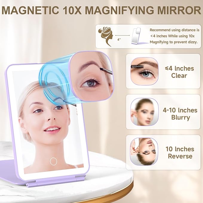 LED Foldable Travel Makeup Mirror - 5x7 inches3 Colors Light Modes USB Rechargeable Touch Screen, Portable Tabletop Cosmetic Mirror for Travel, Cosmetic, Office (Violet)
