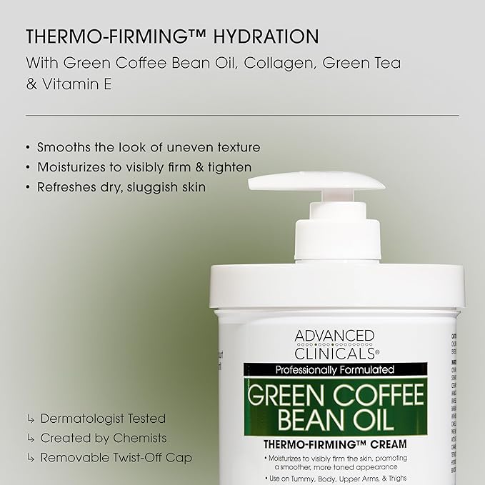 Advanced Clinicals Green Coffee Bean Thermo - Firming Body Lotion | Caffeine Infused Collagen Cream Moisturizer & Body Cream For Women, Stomach, Legs, & To Improve Look Of Textured Crepey Skin, 16 Oz