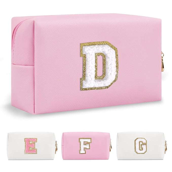 Personalized Initial A-Z Preppy Patch Makeup Bag,Small PU Chenille Letter Cosmetic Bag with Zipper for Teen Girls,Pink Cute Toiletry Organizer Bag,Monogram Makeup Case Gift for Women Girls,Letter D