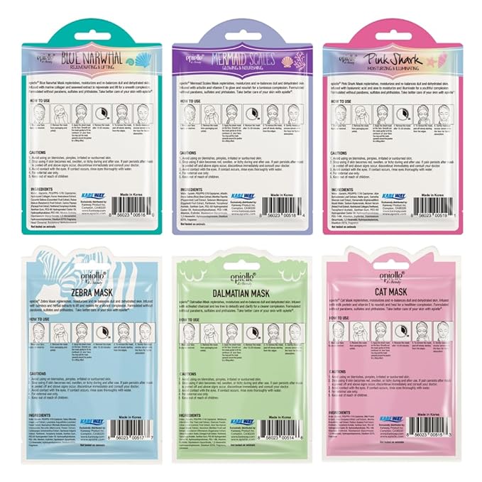 Epielle Animal Character Sheet Masks 6 Pack, Moisturizing & Rejuvenating Face Mask with Hyaluronic Acid & Vitamin E, Korean Skin Care, Girls Spa Party Favors, Sleepover, Self Care Gifts for Women
