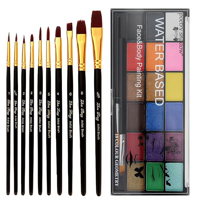 Face Paint Kit, Painting Palette with Brushes Body Paint Face Makeup Safe and Easy to Clean for Halloween Carnivals Cosplay Party Stage Performances (18 Colors + 10 Brushes)