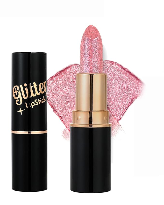 Pink Metallic Glitter Lipstick Long Lasting, Diamond Nude Shimmer Lip Gloss High Pigmented Lip Red Color Matte Lip Stick for Women, Sparkling Shiny Transfer Proof Non Stick Tinted Lip Balm Makeup-02