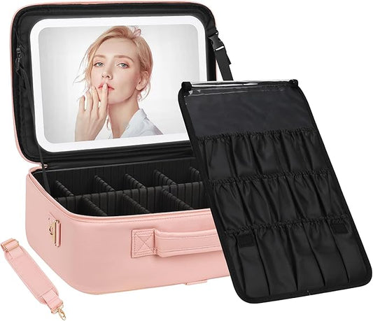 Chomeiu Makeup Bag with LED Mirror, Large Train Case for Makeup Artists, 16.2 inches Travel Professional Cosmetic Organizer with Light Up Mirror, 3 Color Lights, Brush Holder & Shoulder Strap (Pink)