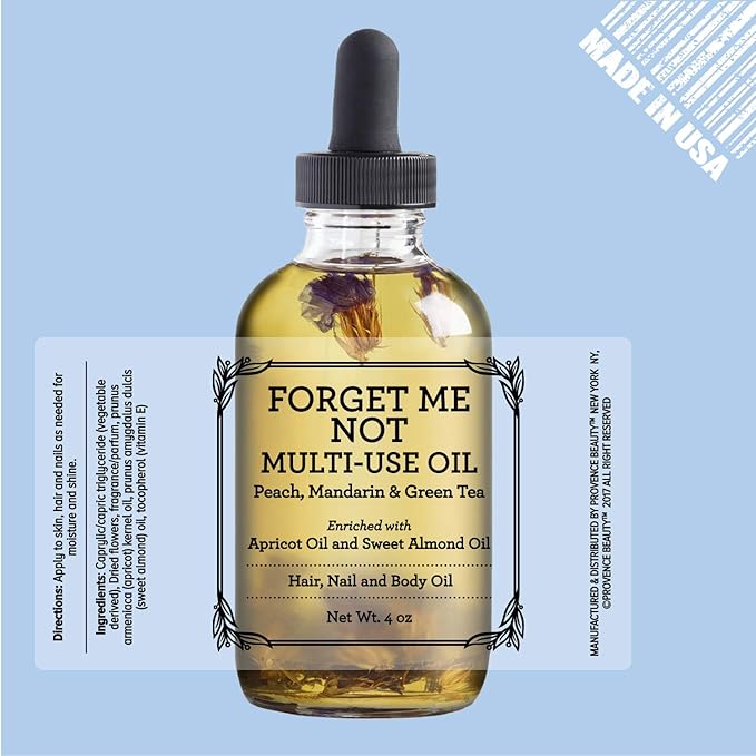 BEAUTE DE PROVENCE Multi-Use Oil for Face, Body and Hair - Forget Me Not - Organic Blend of Apricot, Vitamin E and Sweet Almond Oil Moisturizer for Dry Skin, Scalp and Nails - 4 Fl Oz