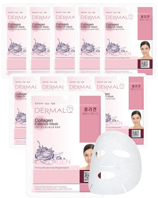 DERMAL Collagen Essence Facial Mask Sheet 23g Pack of 10 - Moisturizing & Firming, Anti Wrinkle, For Healthy Dewy Skin, Daily Skin Treatment Solution Sheet Mask