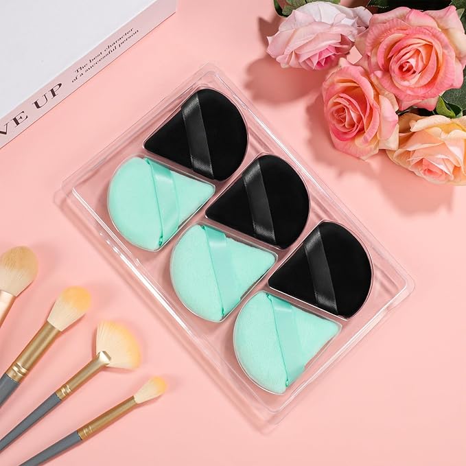 Pimoys 6 Pieces Powder Puff Face Soft Triangle for Loose Powder, Velour Makeup Blender Sponge Set Setting Powder Puff Beauty Makeup Tool, Black and Green
