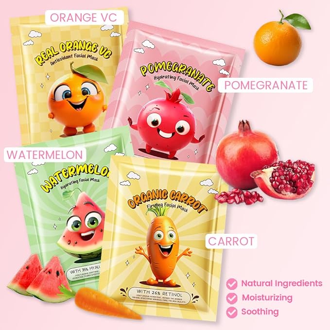 Kaely 8 Pack Fruit Face Masks for Kids, Kids Face Mask Spa Day Kit Supplies, Spa Party Favors for Teens Girls Women, Sheet Facial Mask Skincare Gifts Set, Moisturize Soothe for All Skin Types, 02