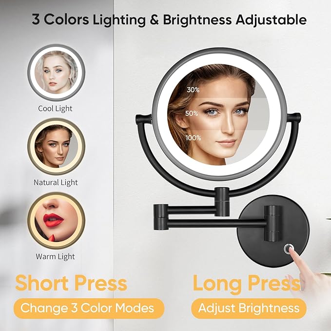 GURUN 8.5 Inch Magnifying Makeup Mirror with 3 Dimmable LED Lights Double Sided Touch Control Vanity Mirror for Bathroom with 10X Magnification Black Finish M1809D(Black/10X)