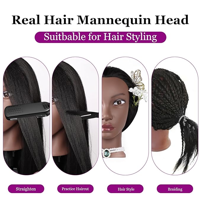 Beauty Star Mannequin Head, Manikin Doll Head 80% Real Human Black Hair for Styling, Cosmetology Makeup Hairdressing Training Practice Head with Clamp Stand and DIY Hair Styling Braiding Set