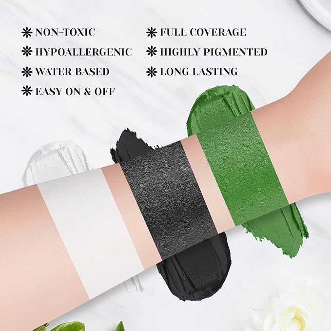 Black White Green Face Body Paint Stick Set with Translucent Setting Powder and Sponges, Professional Full Coverage Face Painting for Adults Halloween Cosplay SFX Skeleton Witch Hulk Makeup