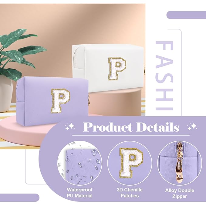 Personalized Makeup Bag Initial A-Z Preppy Patch Bag,Small PU Leather Travel Cosmetic Bag Pouch with Zipper,Purple Cute Toiletry Bag,Gift Ideal for Teen Girls Women Birthday Friend Mom,Latter P