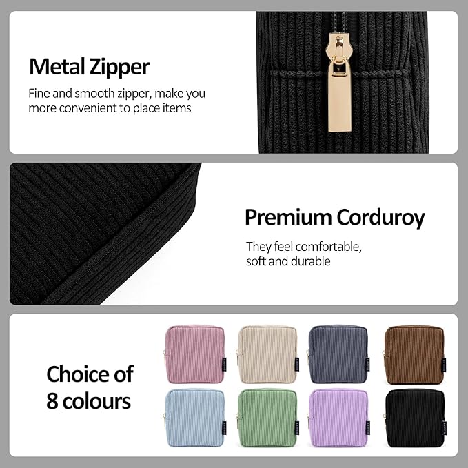 MAGEFY Small Makeup Bag for Purse Mini Cosmetics Bag Corduroy Cute Cosmetic Pouch for Women with Slip-in Pockets