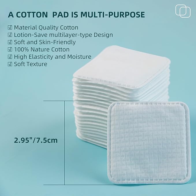 Premium Exfoliating Cotton Pads (60 Count) - 100% Cotton, Extra-Soft and Lint-Free, Durable Squares for Facial, Lip, and Eye Makeup Removal