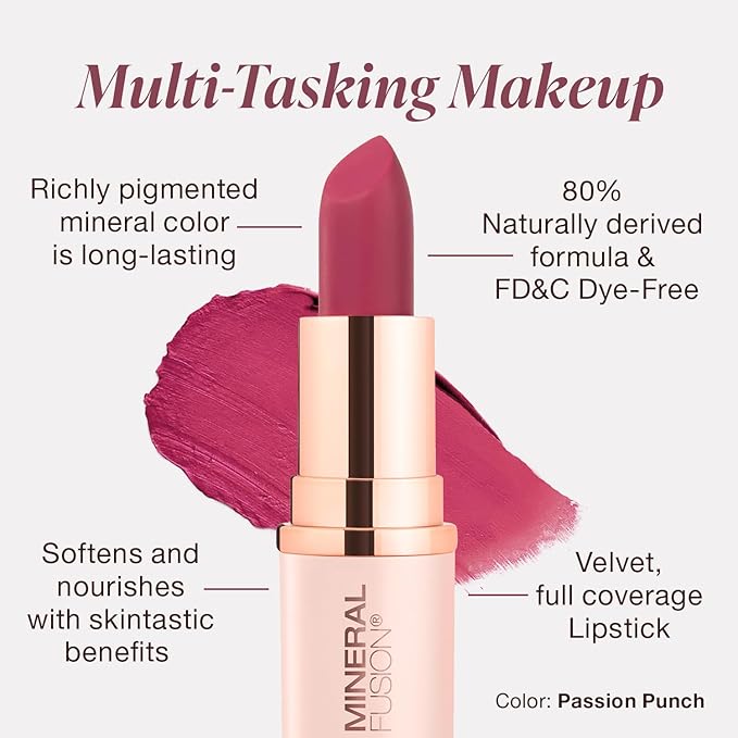 Mineral Fusion Long-Lasting Lipstick, Vivid & Smudge-Free Lip Color with Avocado Oil, Cocoa Seed Butter, Free of FD&C Dyes, Paraben and Gluten, Passion Punch