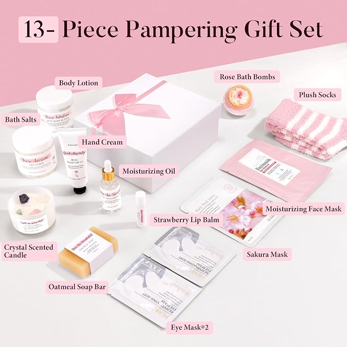 Spa Gifts for Women 13Pcs Mothers Day Gifts Happy Birthday Gift Baskets Christmas Relaxation Home SPA Kit Rose Bath Set Self Care Package Thank You Box for Mom Her Sister Teacher Friends Pink