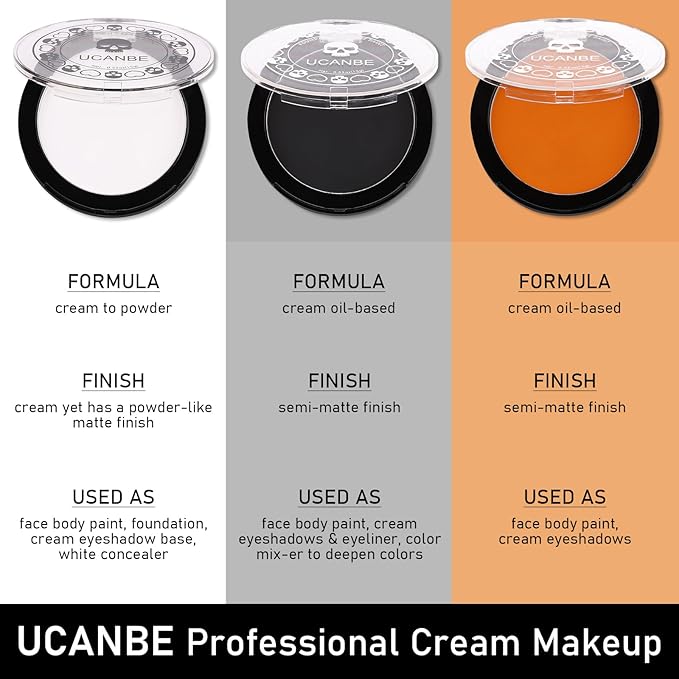 White Foundation + Black Orange Face Body Paint with Brushes for Halloween Pumpkin Clown Makeup, Non Toxic Face Painting Kit Facepaints Set for Kids Adults Party Scarecrow Tiger SFX Cosplay Make Up