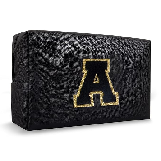 Personalized Initial A-Z Preppy Patch Makeup Bag,Small PU Chenille Letter Cosmetic Bag with Zipper for Teen Girls,Black Cute Toiletry Organizer Bag,Monogram Makeup Case Gift for Women Girls,Letter A