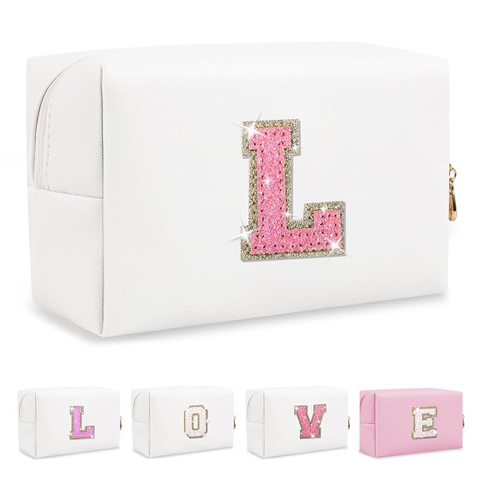 Small Initial Patch Makeup Bag Personalized Gifts Make Up Bag,White Cute PU Leather Glitter Letter Cosmetic Bag with Zipper,Trendy Portable Travel Toiletry Pouch,Preppy Stuff for Teen Girls Women L