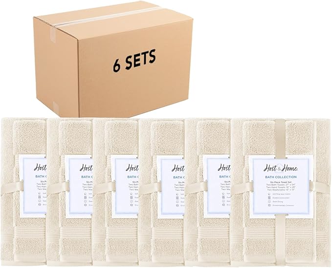 Arkwright Bath Towels Set of 6 - (Pack of 6) Super Soft 100% Cotton, 600 GSM Quick Dry & Absorbent, Luxury Bathroom Essentials with 12 Shower Towels, 12 Hand Towels and 12 Washcloths, Alabaster Ivory