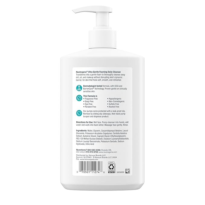 Neutrogena Ultra Gentle Foaming Facial Cleanser, Fragrance Free Hydrating Face Wash for Sensitive Skin, Daily Non Over Drying Makeup Remover, Hypoallergenic, Soap & Dye Free, Non-Comedogenic, 16 Fl Oz