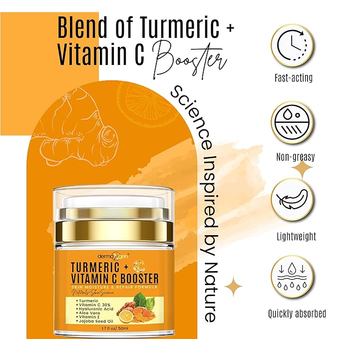 Turmeric Face Cream with 30% Vitamin C – Glow Booster, Anti-Aging & Skin Repair Moisturizer for Dark Spots, Hydration & Radiance – Vitamin C Cream for All Skin Types (1.7 fl oz)