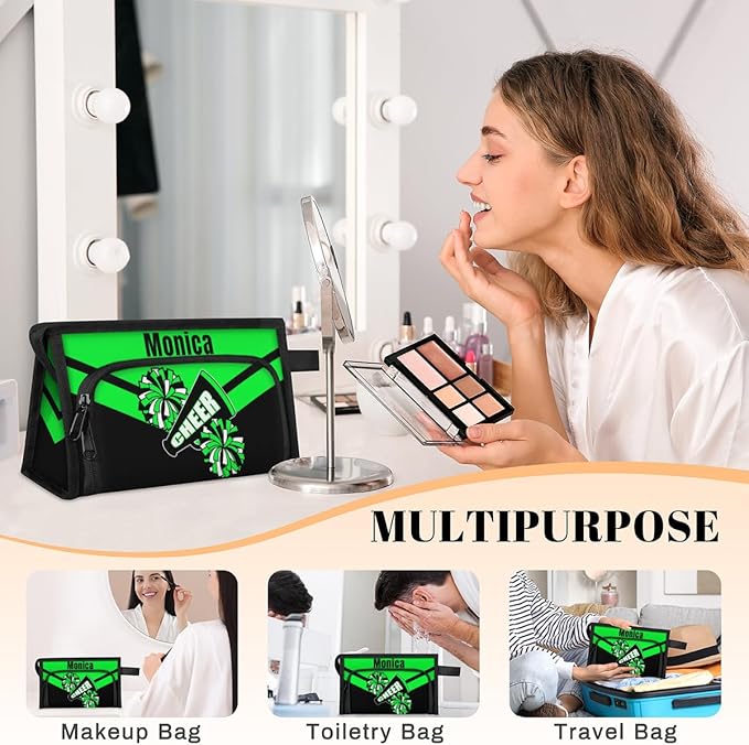 Custom-Makeup-Bag Personalized Travel Toiletry Bag Text Customized Cheer Makeup Bags Cosmetic Bags for Women With Divider & Handle Green
