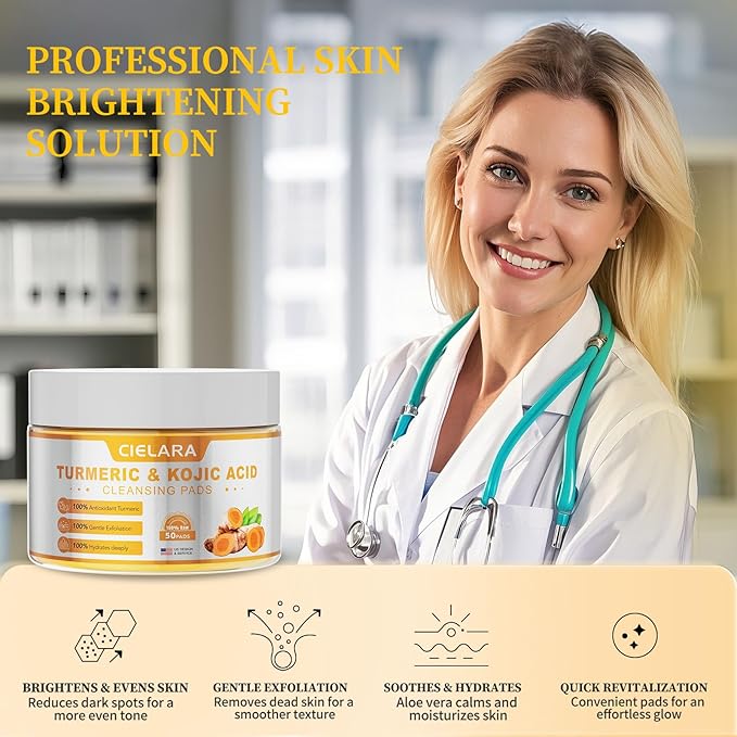 Turmeric Kojic Acid Cleansing Pads for Dark Spots, Lemon Turmeric Pads with Vitamin C & E, Deep Clean Pores, Hydrate & Plump Skin Exfoliating with Kojic Acid 50 Count