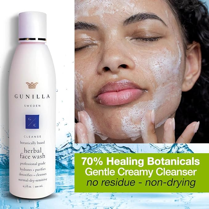 GUNILLA Herbal Face Wash - Very Gentle Daily Cream Cleanser for Dry, Normal, Sensitive Skin. Removes Dirt, Oil & Impurities. Plant-Based. Vegan. Natural. Concentrated 6.7 oz