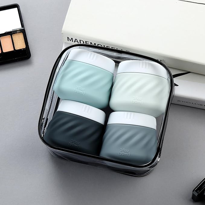 Gemice Silicone Cream Jars TSA Approved Travel Size Containers with Clear Bag, Leak-proof Travel Accessories with Lid for Cosmetic Face Body Hand Cream (4 Pack)