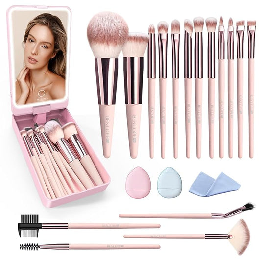 Makeup Brushes with Case, 20PCs Travel Makeup Brush Set, Foundation Concealer Blush Eyeshadow Brush Set Contour Powder Eyebrow Eyelash Brush Kit with Led Light Mirror Holder & 2 Powder Puff-Pink