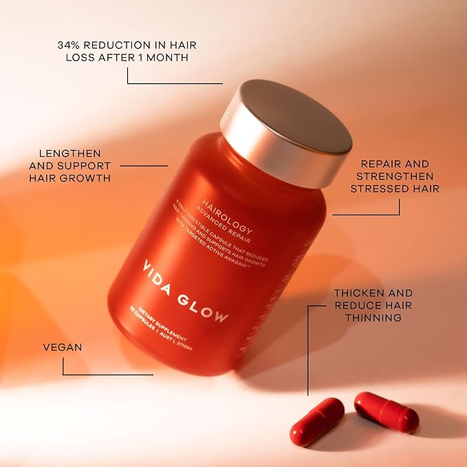 Vida Glow Hairology Hair Growth & Regrowth Capsules – Supports Thicker, Stronger Hair, Reduces Thinning & Loss with Biotin, 30 Vegan Capsules for Healthy Hair in Women