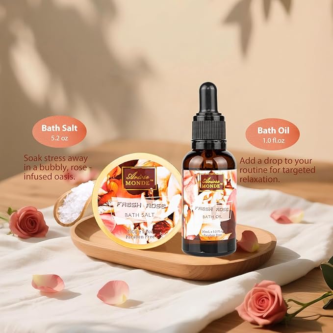 Fresh Rose Spa Gift Set for Women, 8-Piece Relaxing Bath Set with Shower Gel, Bubble Bath, Body Lotion, Self Care Gift for Any Occasion, Birthday Gifts for Women, Spa Kit for Mom Gifts