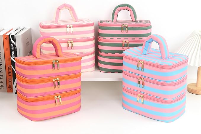 Three Layer Makeup Bag for Women Fashion Stripes Cosmetic Bag Preppy Style Travel Water-Resistant Toiletry Bag for Storage Toiletries Cosmetics Sets for Women Teen Girls Pink