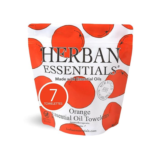 Herban Essentials - Orange Wipes & Towelettes - Essential Oil Wipes for Make Up, Hands, Face & Body - Travel Size Essentials & Toiletries - Natural, Individually Wrapped, Disposable & Moist (7 count)