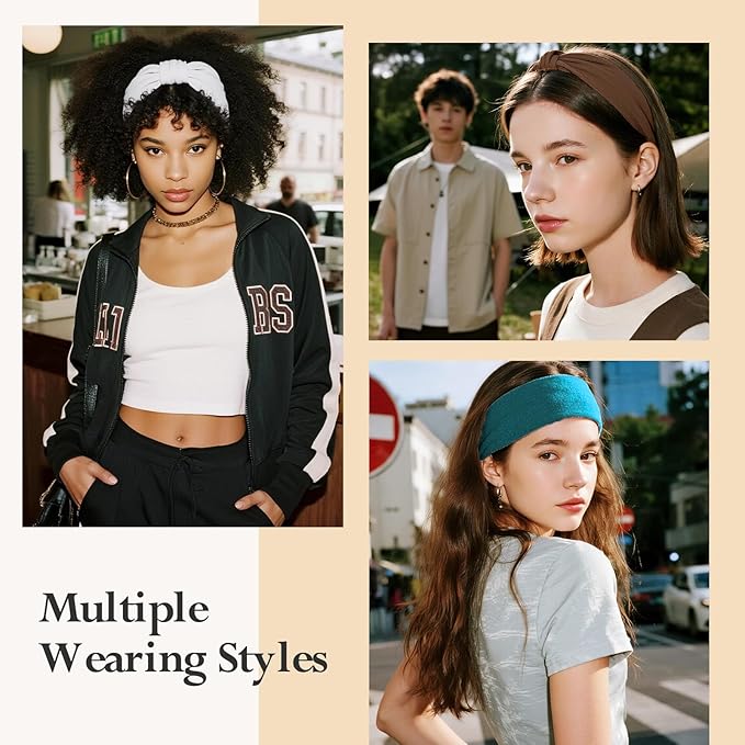 Headbands for Women, Wide Elastic Head Bands, Non-Slip Thick Hair Bands, Sports Stretchy Sweat Bands, Large Knotted Soft Headband, Gray Burgundy Green Black Coffee Navy