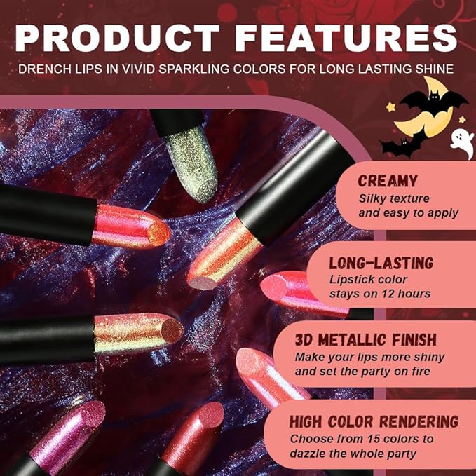 Kaely Glitter Metallic Lipstick, Shimmer Metallic Lipsticks for Women, High Pigmented Lip Gloss Long Lasting Waterproof Smudge Proof 24 Hour, Halloween Makeup, Vegan & Cruelty-Free, 07