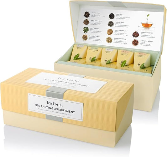 Tea Forte Tea Sampler Presentation Box, 20 Assorted Handcrafted Pyramid Tea Infuser Bags, Tea Tasting Assortment: Black, White, Green, Herbal