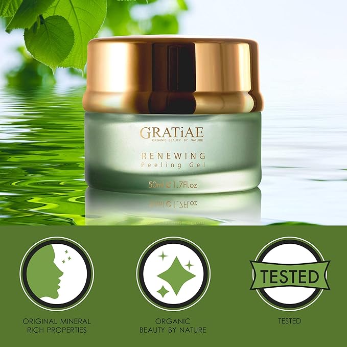 Gratiae organic renewing Peeling gel face mask, mild face cleanser with witch hazel, Deep cleans, removes dead skin cells and blackheads, anti-aging skin care, 1.7 Fl oz