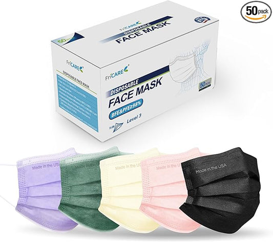 FriCARE Made in USA Disposable Face Masks, 3-Ply ASTM Level 3 Medical Grade, Breathable & Comfortable for Adult Daily Work/Sun Protection, 50 Pack Peacock Majesty