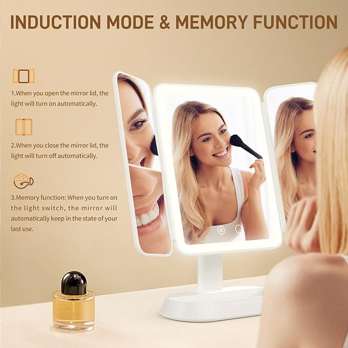 Vanity Mirror with Lights, Rechargeable Lighted Makeup Mirror with 1X/3X/5X Magnification, Smart Touch 3 Colors Dimmable, Portable Trifold Light Up Mirror for Travel, Gifts for Women Girls