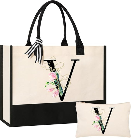 AYGE Personalized Initial Canvas Beach Tote, Monogrammed Gifts for Women, Makeup Bag, Birthday Gifts for Sister, Mom, Teacher, Bridesmaid